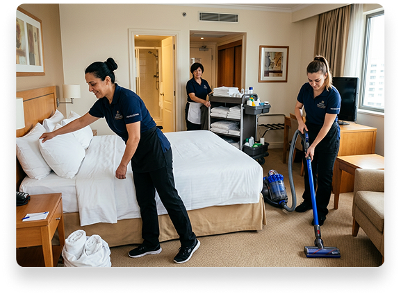 Equipe de limpeza arrumando cama de hotel